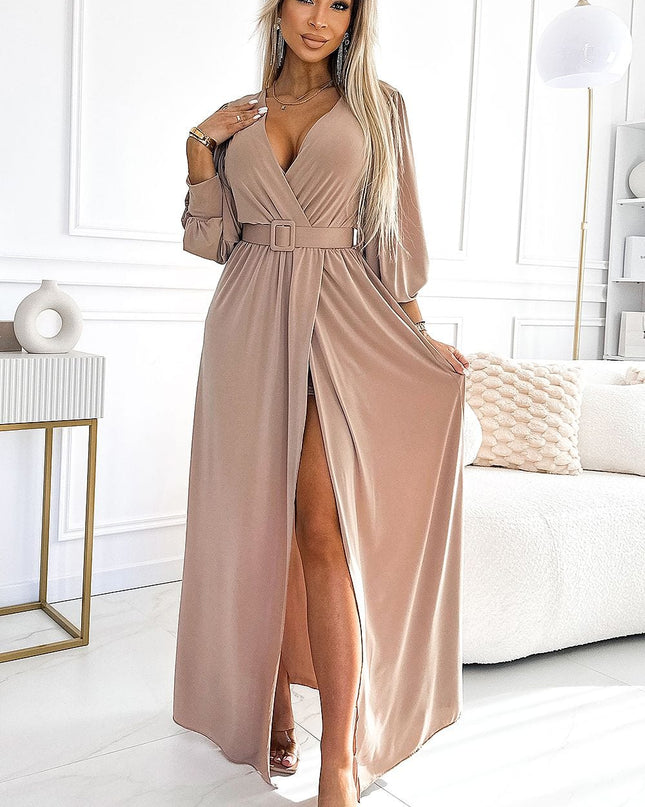 Robe longue beige ceinturée