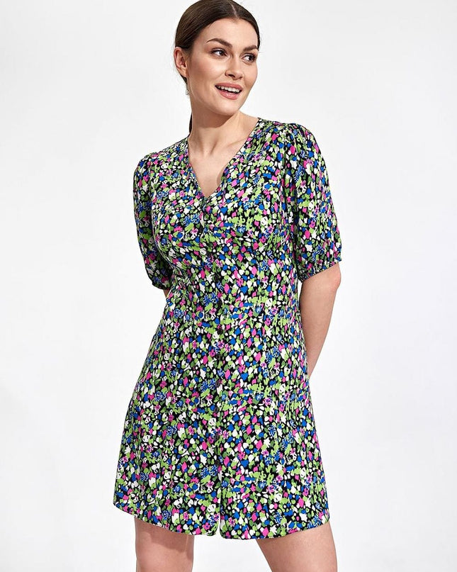 Robe mini fleurie à boutons