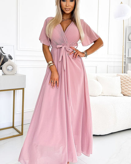 Robe longue en mousseline rose