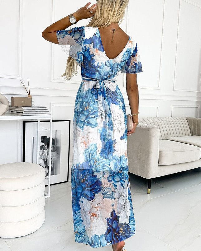 Robe longue florale bleue