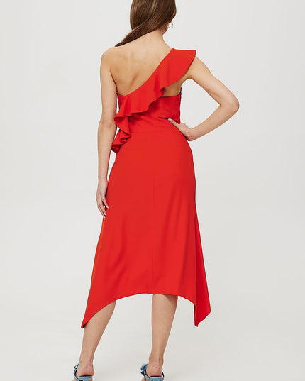 Robe bleue asymétrique à volant