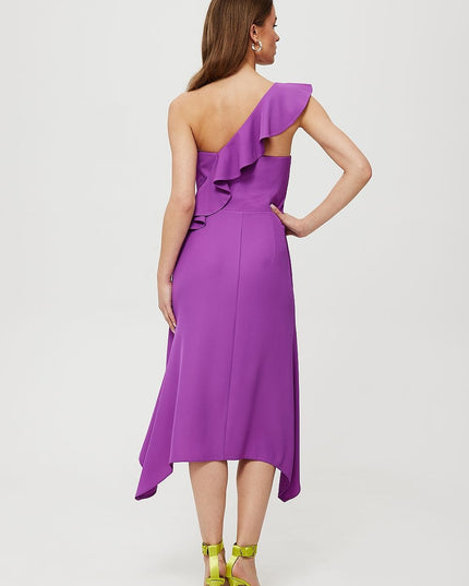 Robe bleue asymétrique à volant