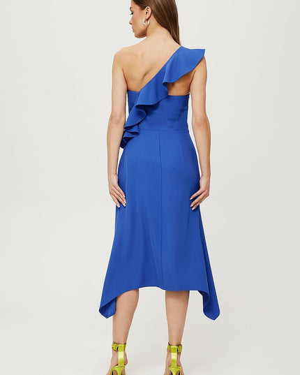 Robe bleue asymétrique à volant