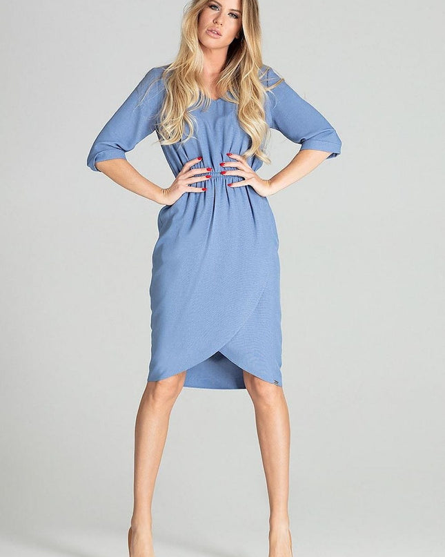 Robe midi bleue à manches 3/4