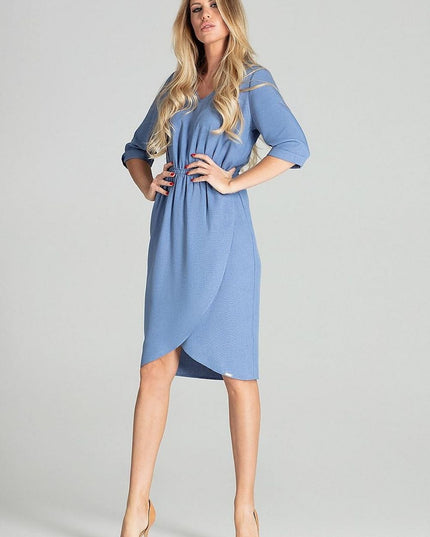 Robe midi bleue à manches 3/4