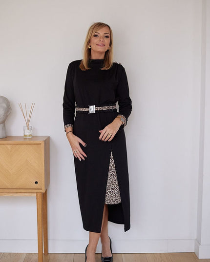 Robe noire fendue léopard