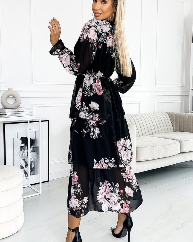Robe midi noire à fleurs