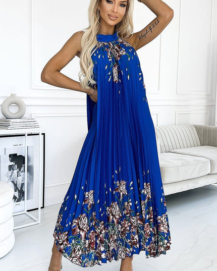 Robe longue plissée satin floral