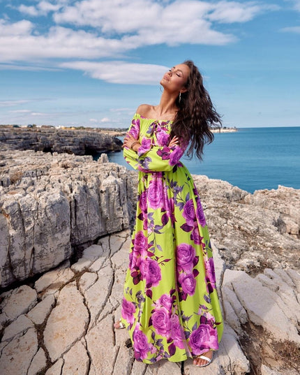 Robe longue fleurie épaules ouvertes