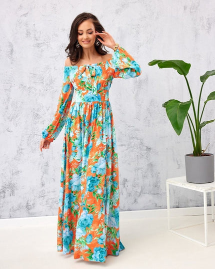 Robe longue fleurie épaules ouvertes