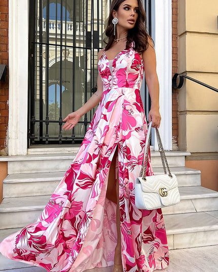 Robe longue florale en satin