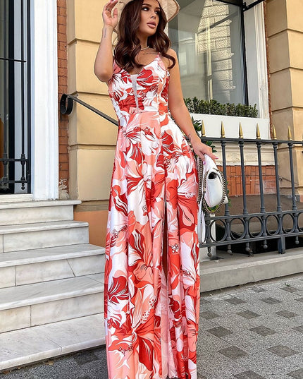 Robe longue florale en satin