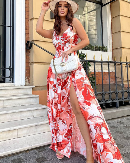 Robe longue florale en satin