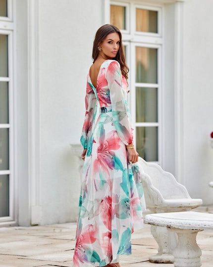 Robe asymétrique longue imprimée