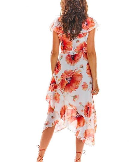 Robe asymétrique fleurs rouges
