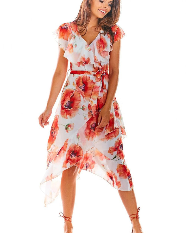 Robe asymétrique fleurs rouges