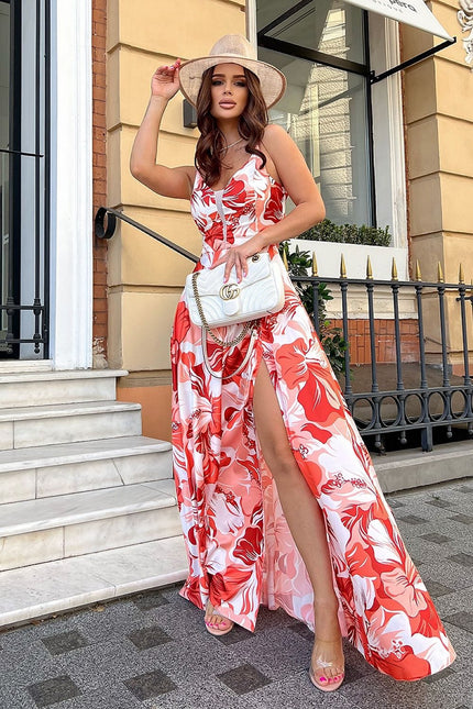 Robe longue florale en satin