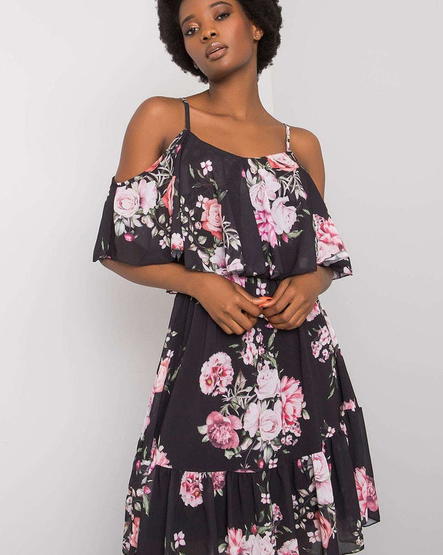 Robe fleurie noire à volant
